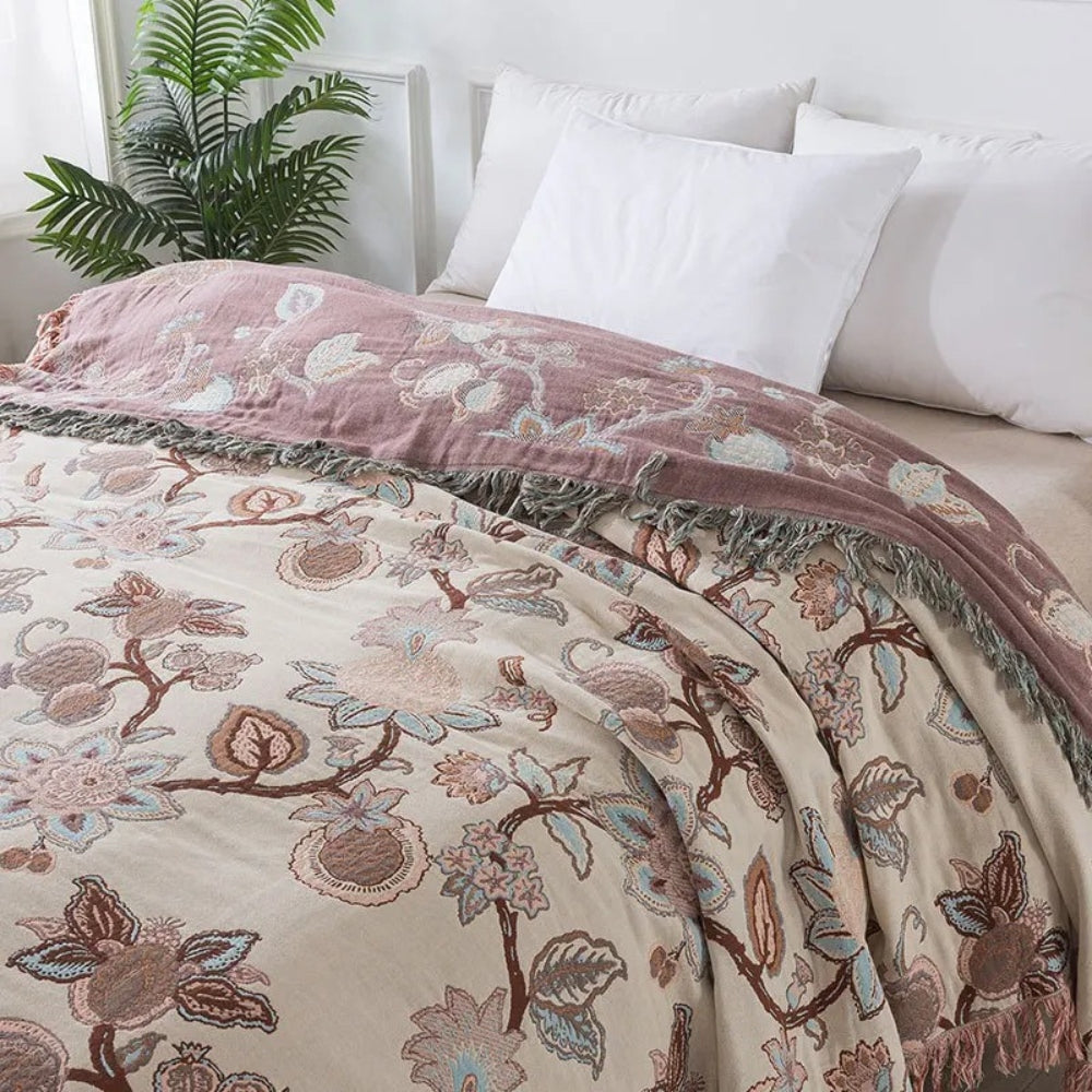 Orchid Trail Floral Cotton Tassel Bed Blanket