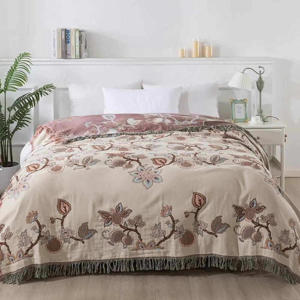 Orchid Trail Floral Cotton Tassel Bed Blanket