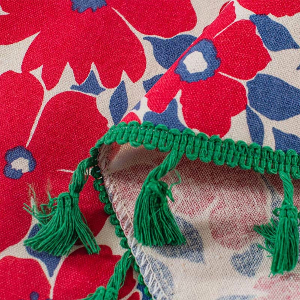 Graceful Red Floral Linen Cabinet Window Curtain