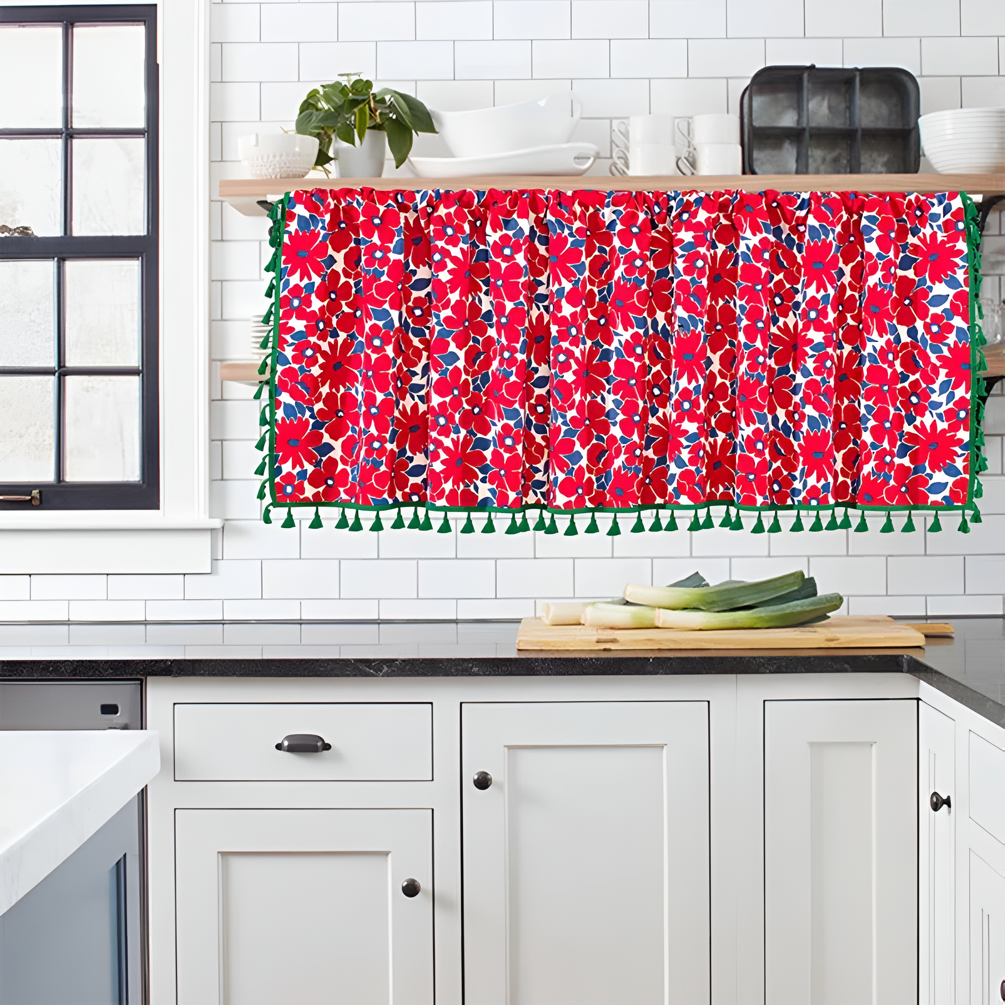 Graceful Red Floral Linen Cabinet Window Curtain