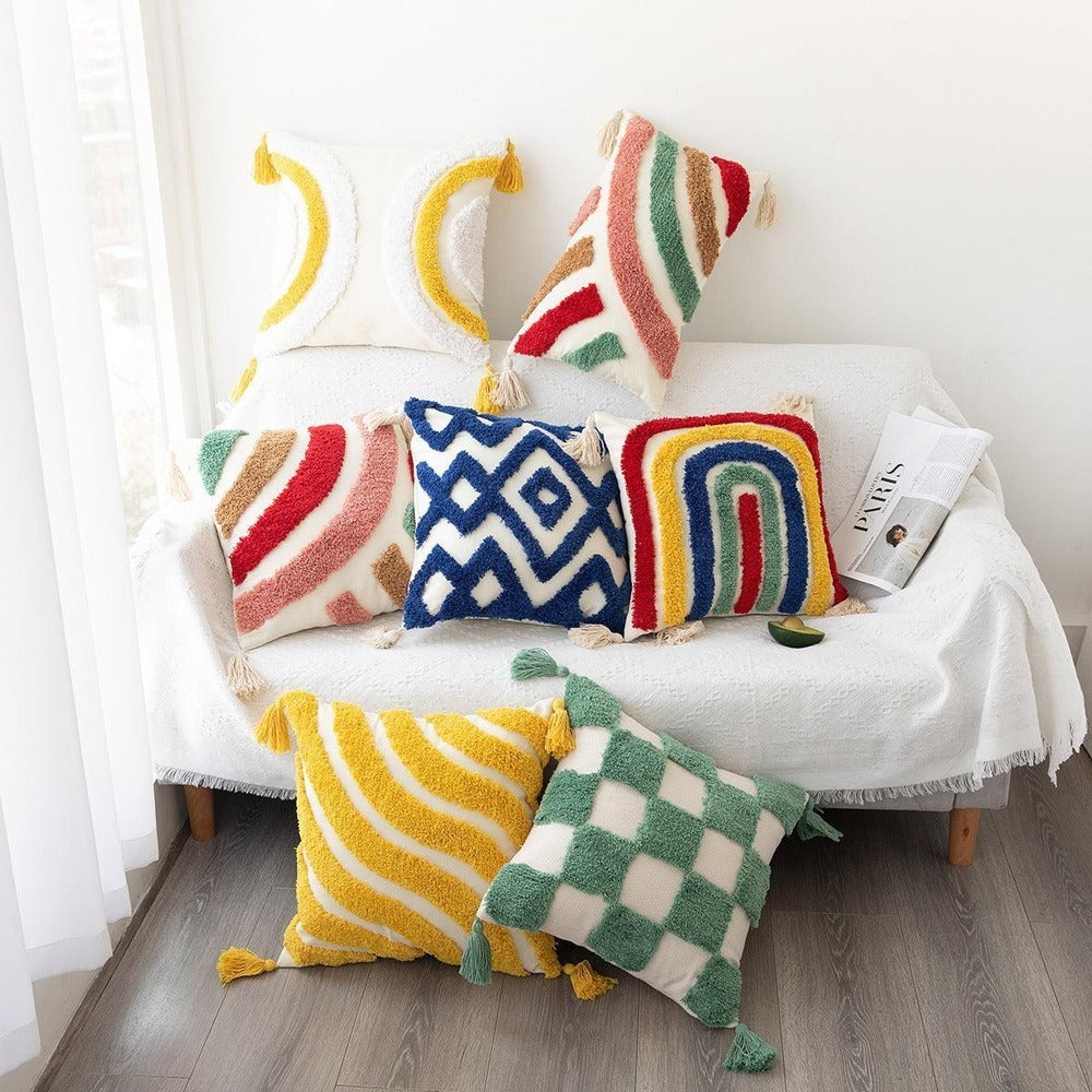 Pillow cover – Cotton blend – Trendy checkered wave design – Bohemian home accessory – 17.7 x 17.7 in