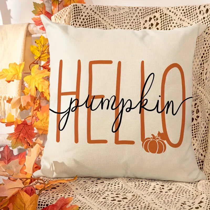 Pillow cover – Linen fabric – Hello Pumpkin design – Cozy autumn decor – 17.7 x 17.7 in