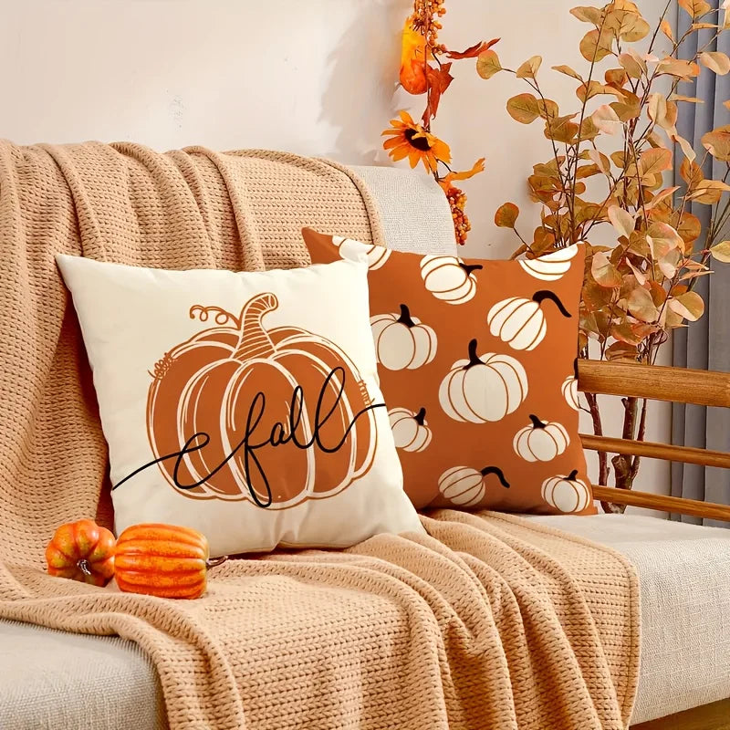 Pillow cover – Linen fabric – Hello Pumpkin design – Cozy autumn decor – 17.7 x 17.7 in