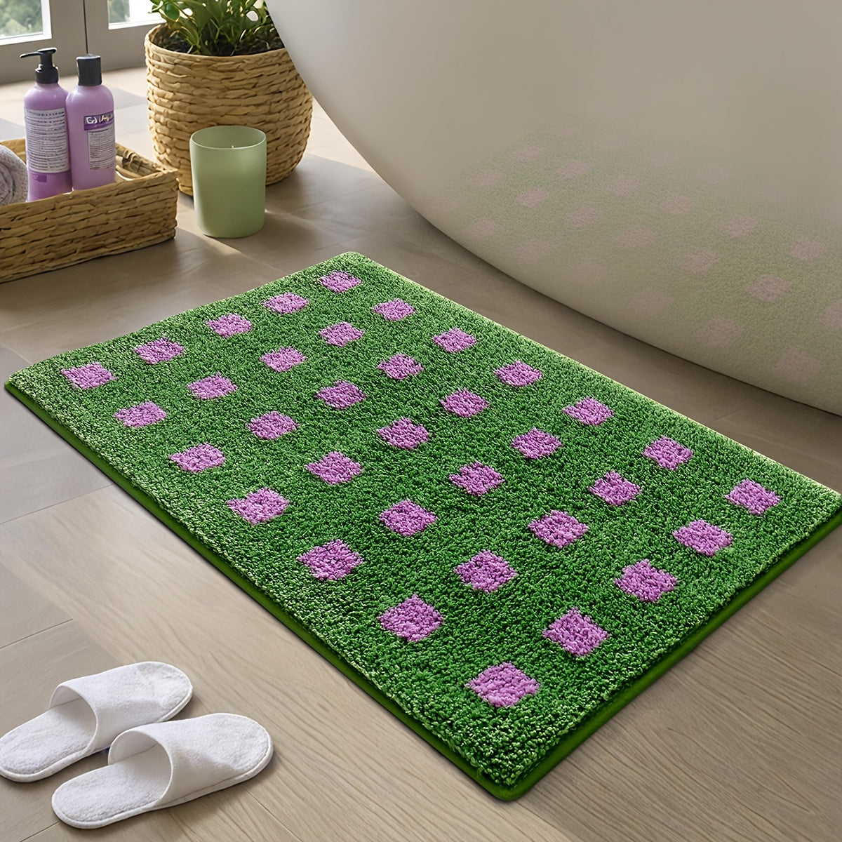 Plaid Non Slip Flocked Bathroom Floor Mat
