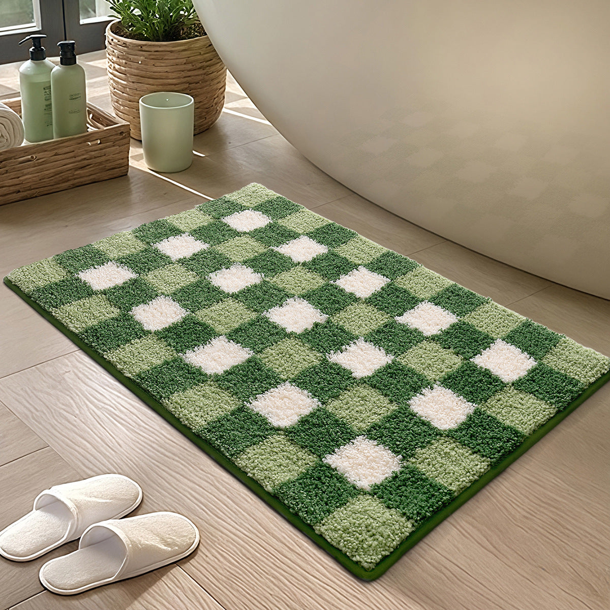 Plaid Non Slip Flocked Bathroom Floor Mat