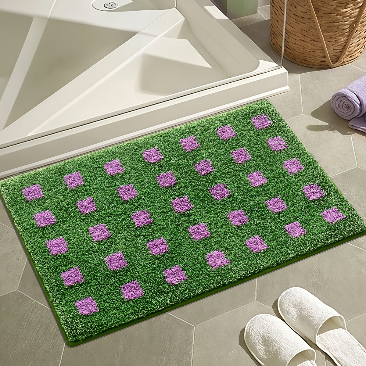 Plaid Non Slip Flocked Bathroom Floor Mat