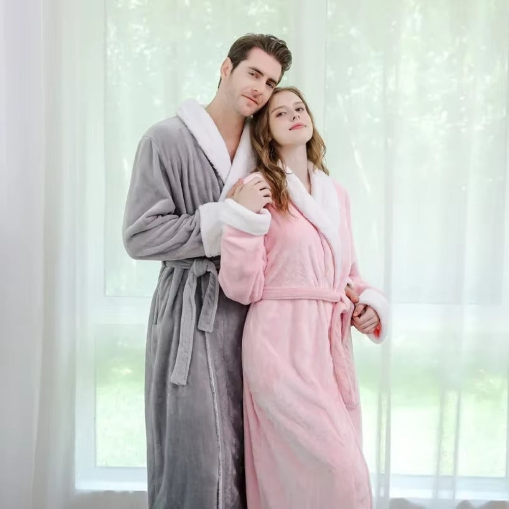 Women’s long grey fleece bathrobe with white collar and cuffs, soft plush loungewear robe with belt, winter warm dressing gown