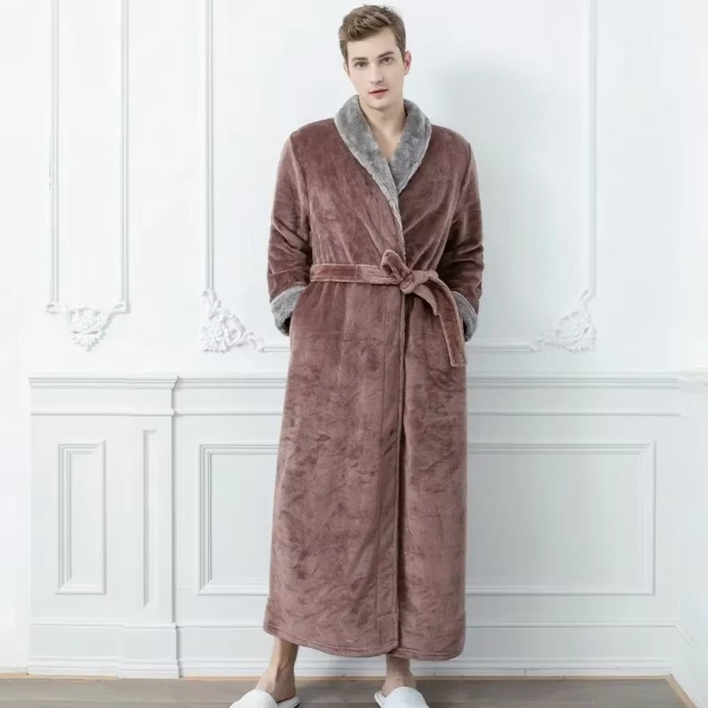 Women’s long grey fleece bathrobe with white collar and cuffs, soft plush loungewear robe with belt, winter warm dressing gown