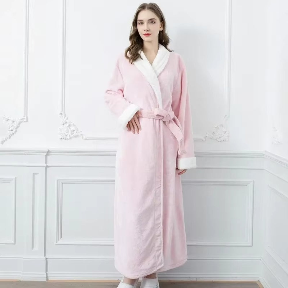 Women’s long grey fleece bathrobe with white collar and cuffs, soft plush loungewear robe with belt, winter warm dressing gown