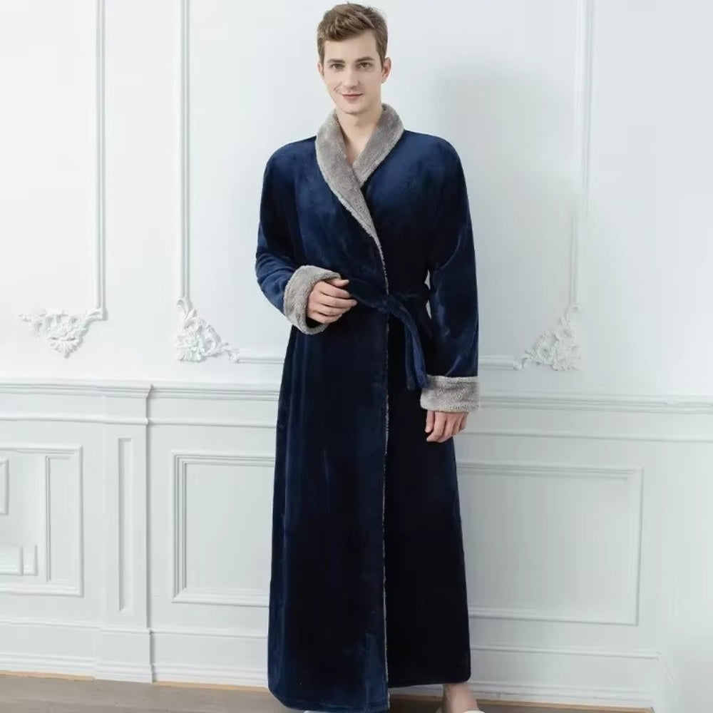 Women’s long grey fleece bathrobe with white collar and cuffs, soft plush loungewear robe with belt, winter warm dressing gown