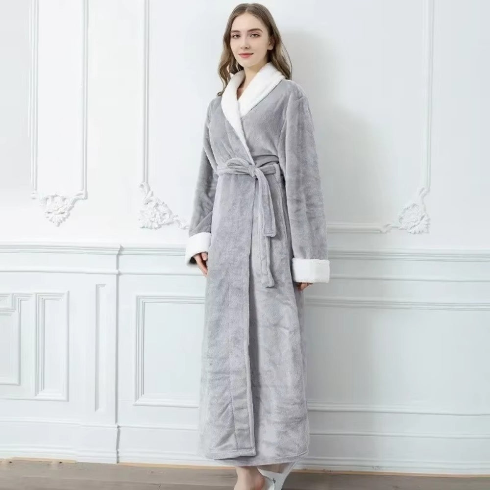 Women’s long grey fleece bathrobe with white collar and cuffs, soft plush loungewear robe with belt, winter warm dressing gown