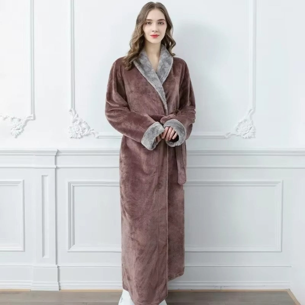 Women’s long grey fleece bathrobe with white collar and cuffs, soft plush loungewear robe with belt, winter warm dressing gown