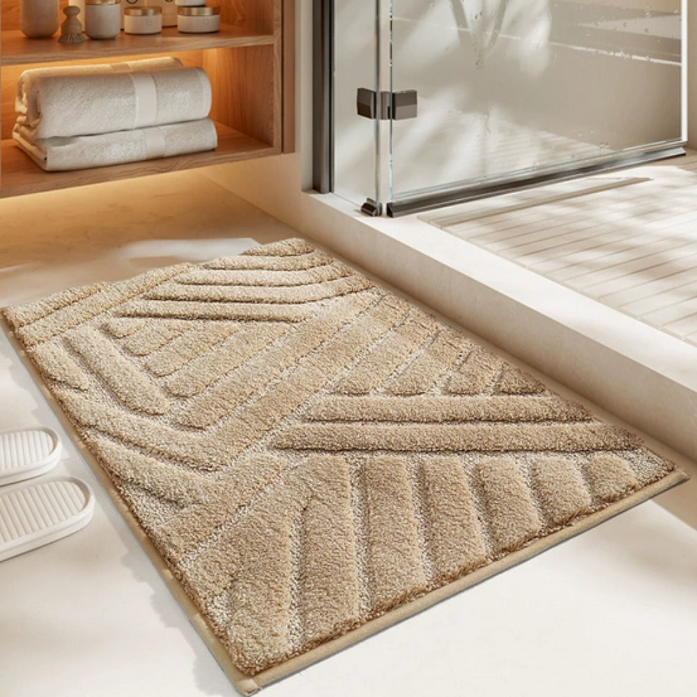 Anti-slip white bathroom rug with modern geometric embossed pattern, soft absorbent bath mat for bathroom and shower area