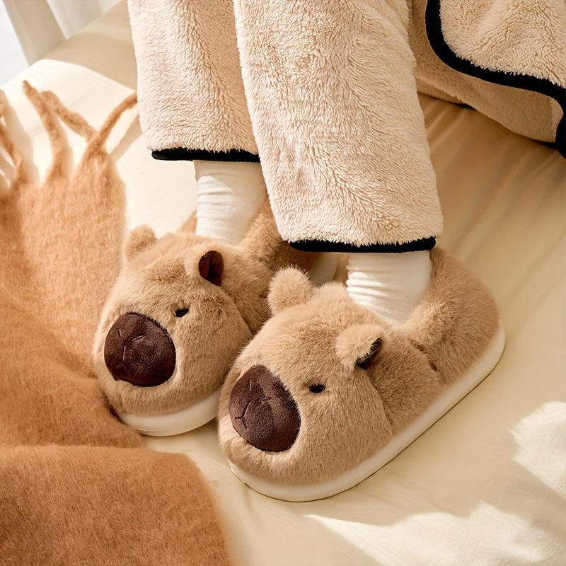 Plush slippers – Soft-lined capybara design – Thick-soled – Cozy indoor footwear for chilly mornings