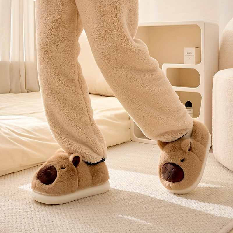 Plush slippers – Soft-lined capybara design – Thick-soled – Cozy indoor footwear for chilly mornings