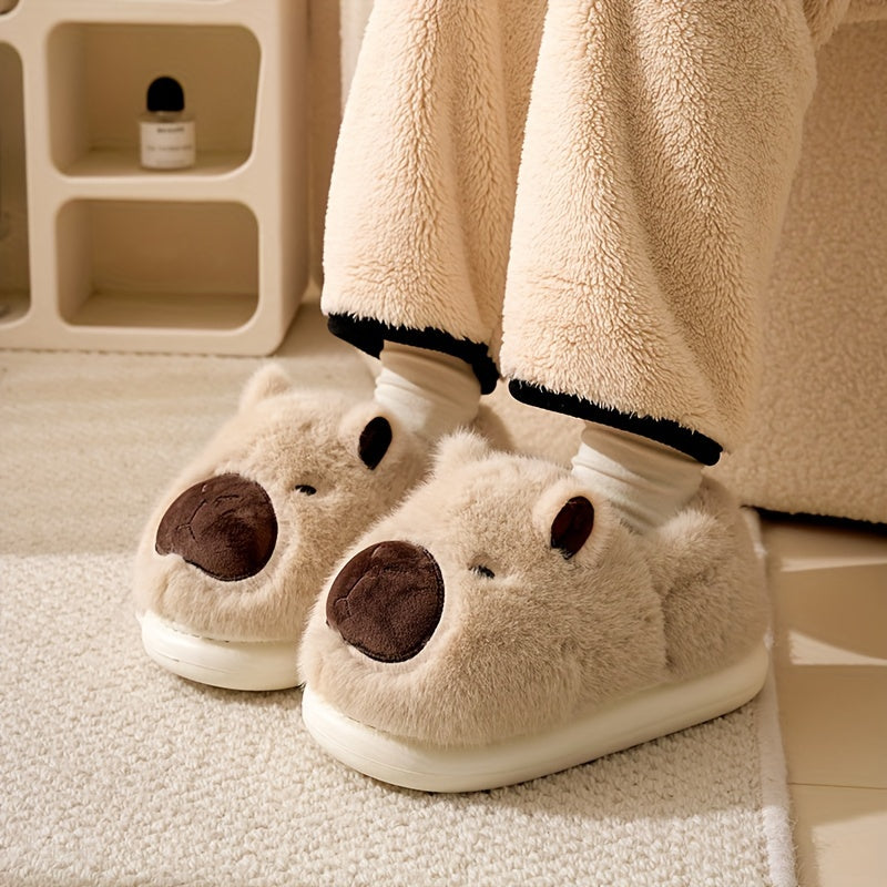 Plush slippers – Soft-lined capybara design – Thick-soled – Cozy indoor footwear for chilly mornings