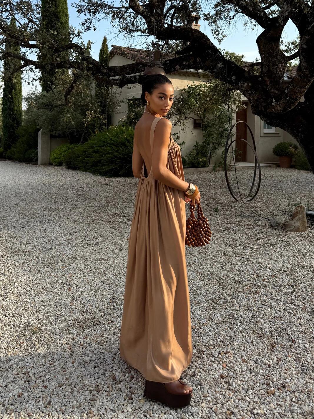 Shirred Strap Maxi Dress