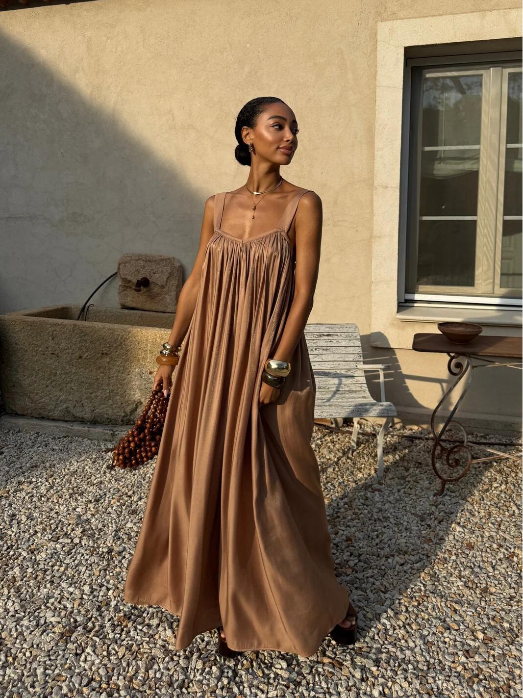 Shirred Strap Maxi Dress