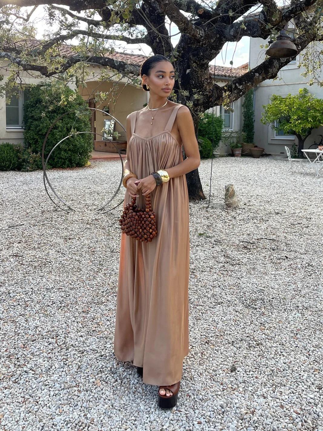 Shirred Strap Maxi Dress