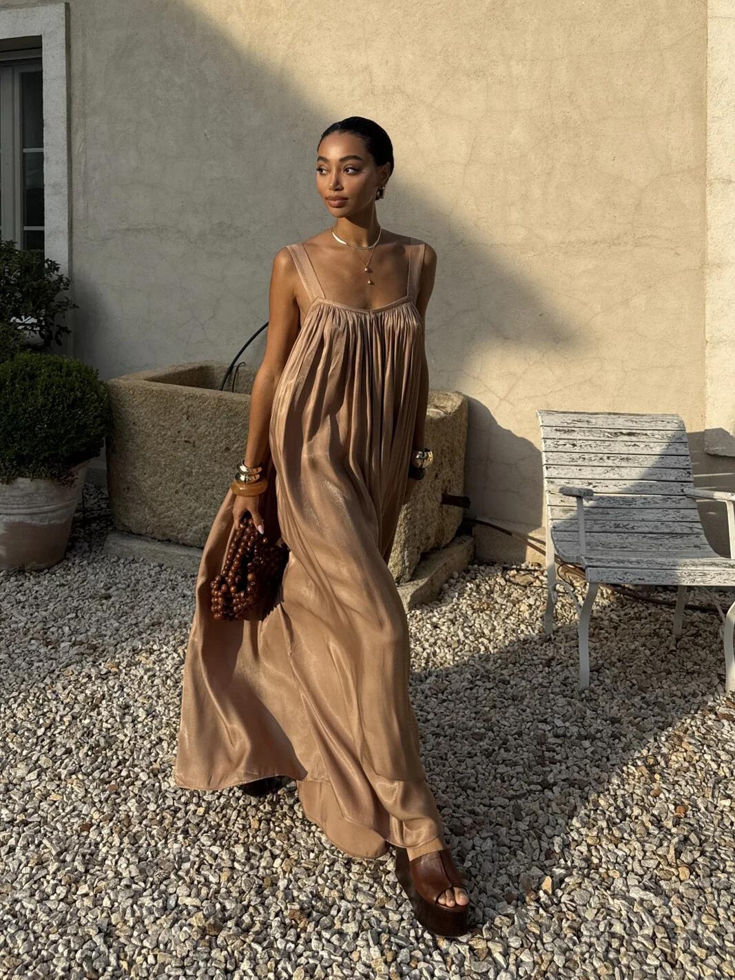 Shirred Strap Maxi Dress