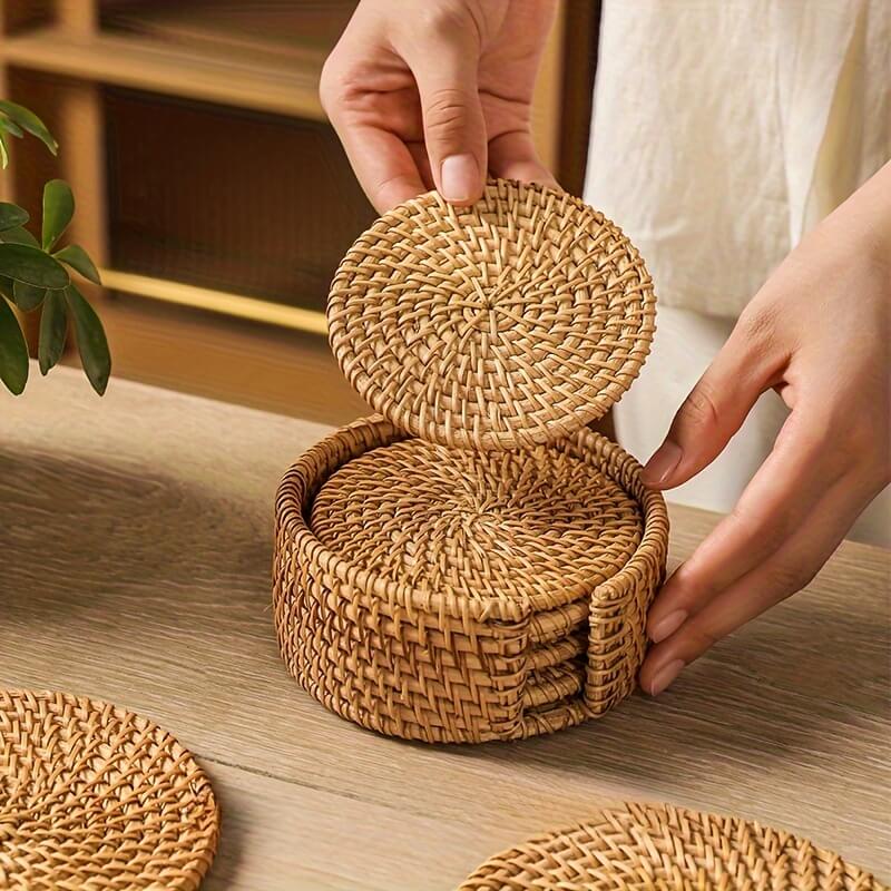 Rattan coaster set – Handwoven eco-friendly design – Rustic home decor – Set of 6 with matching holder