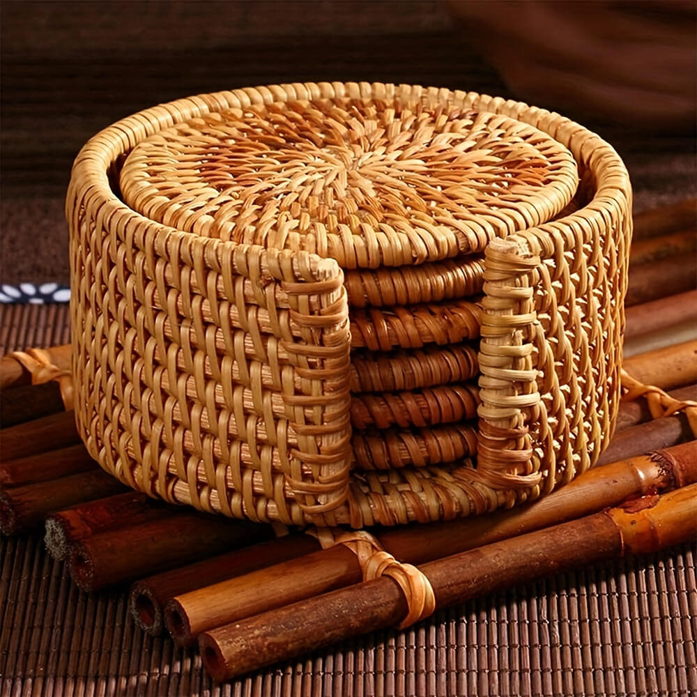Rattan coaster set – Handwoven eco-friendly design – Rustic home decor – Set of 6 with matching holder