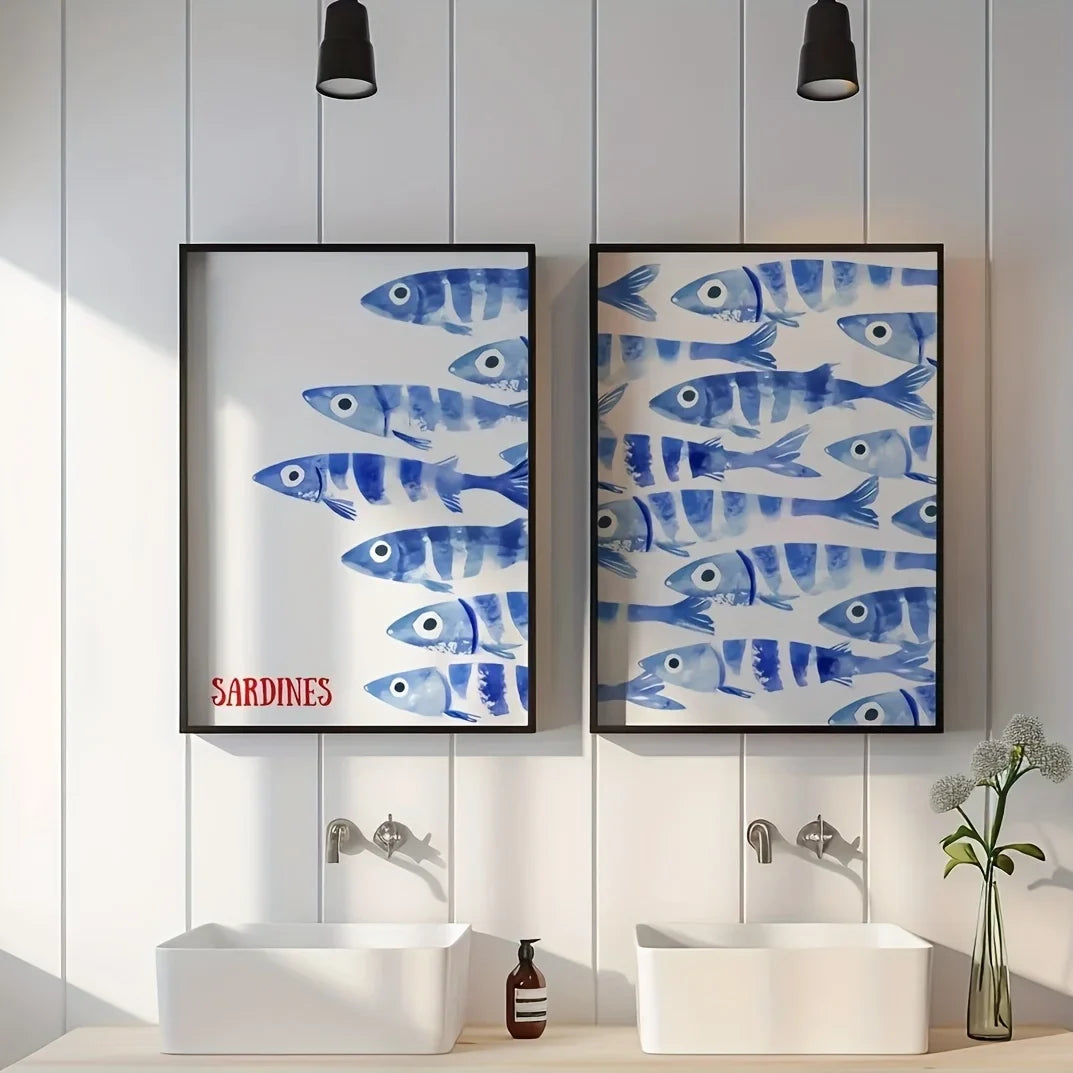 Coastal wall art set with blue sardine fish prints, nautical canvas paintings for modern living room decor