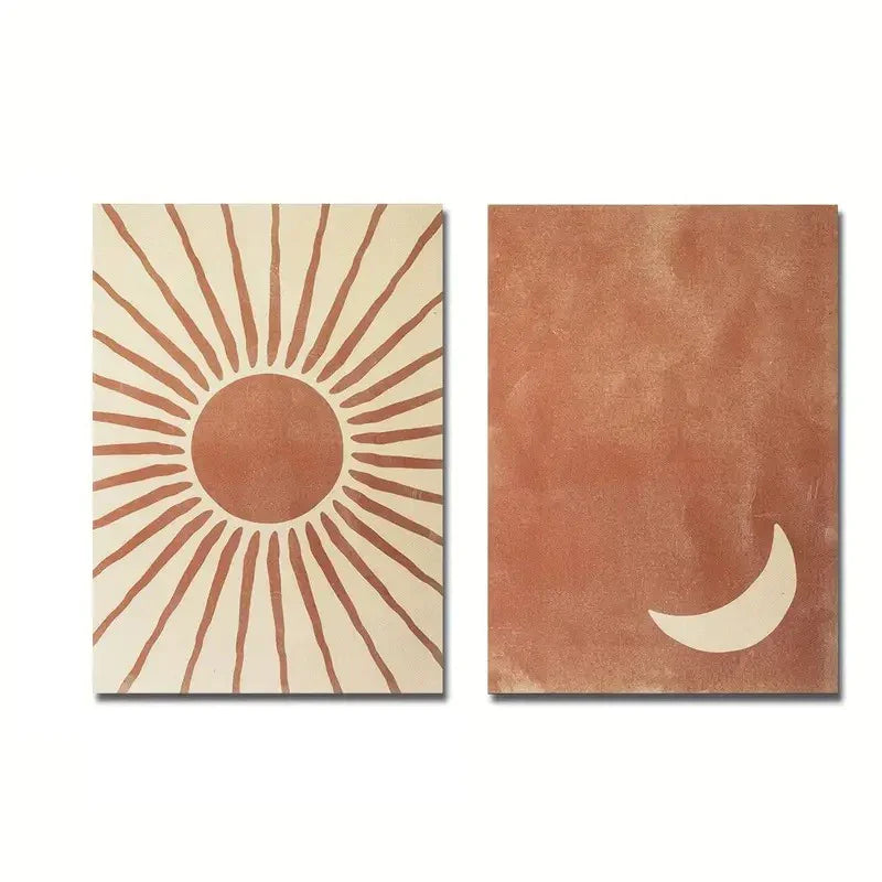 Sun and moon wall art set in green and beige, minimalist canvas prints for modern living room or bedroom decor