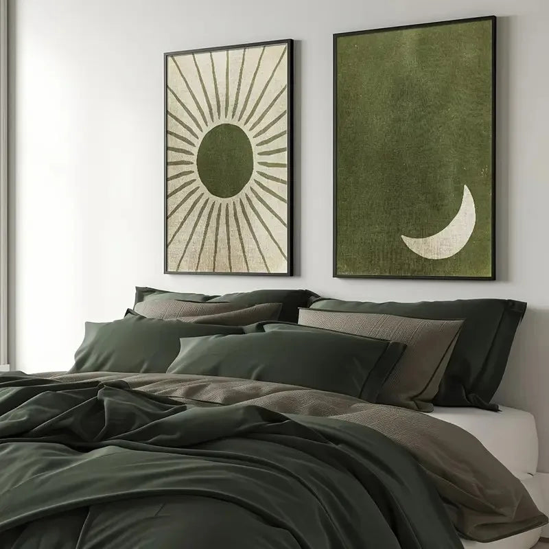 Sun and moon wall art set in green and beige, minimalist canvas prints for modern living room or bedroom decor