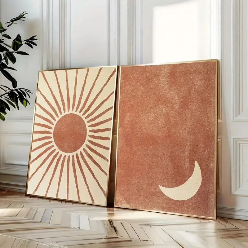Sun and moon wall art set in green and beige, minimalist canvas prints for modern living room or bedroom decor