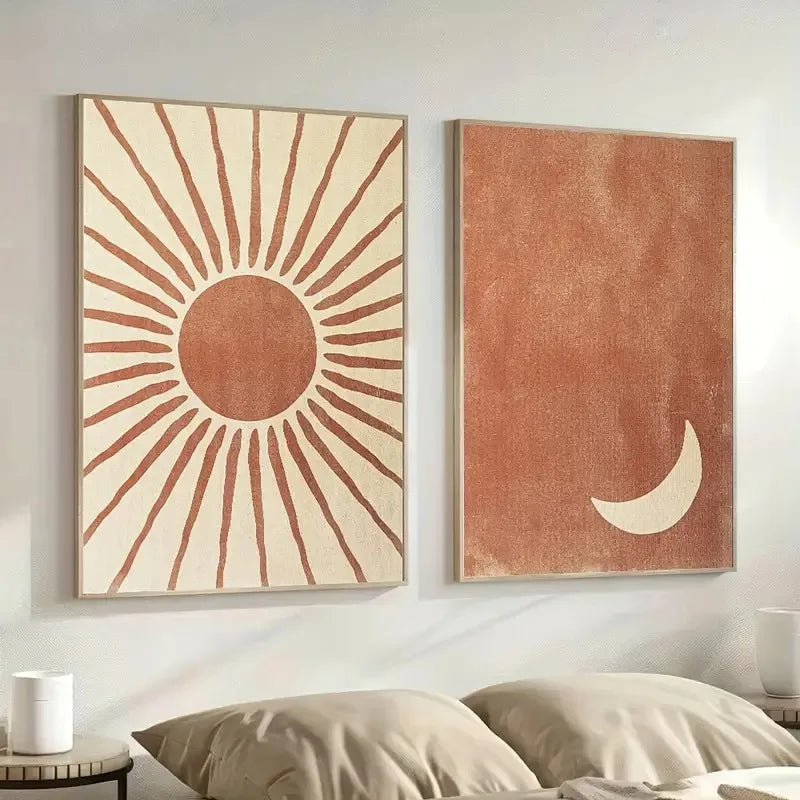 Sun and moon wall art set in green and beige, minimalist canvas prints for modern living room or bedroom decor