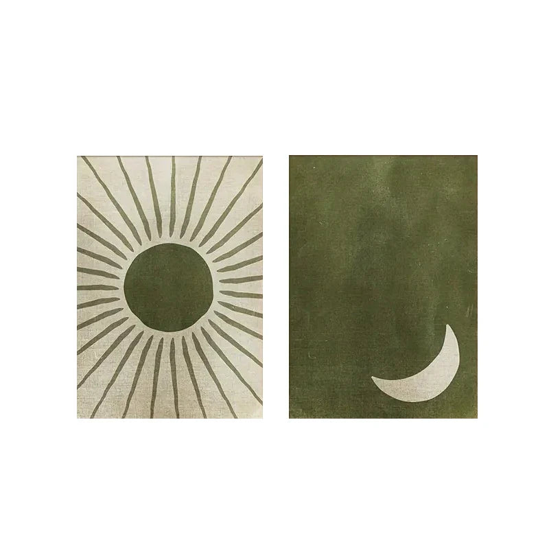 Sun and moon wall art set in green and beige, minimalist canvas prints for modern living room or bedroom decor