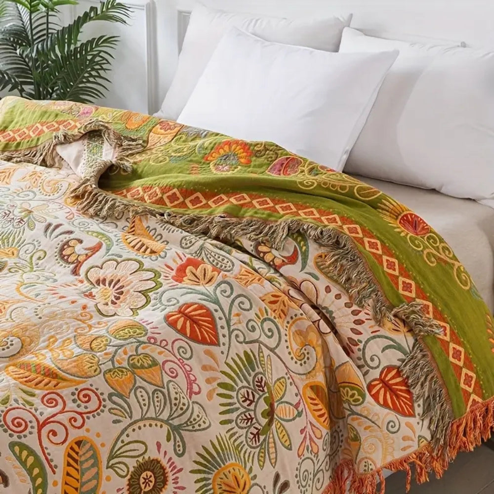 Reversible Boho Blanket, Cotton Gauze, Floral Design, Lightweight with Tasselled Edges