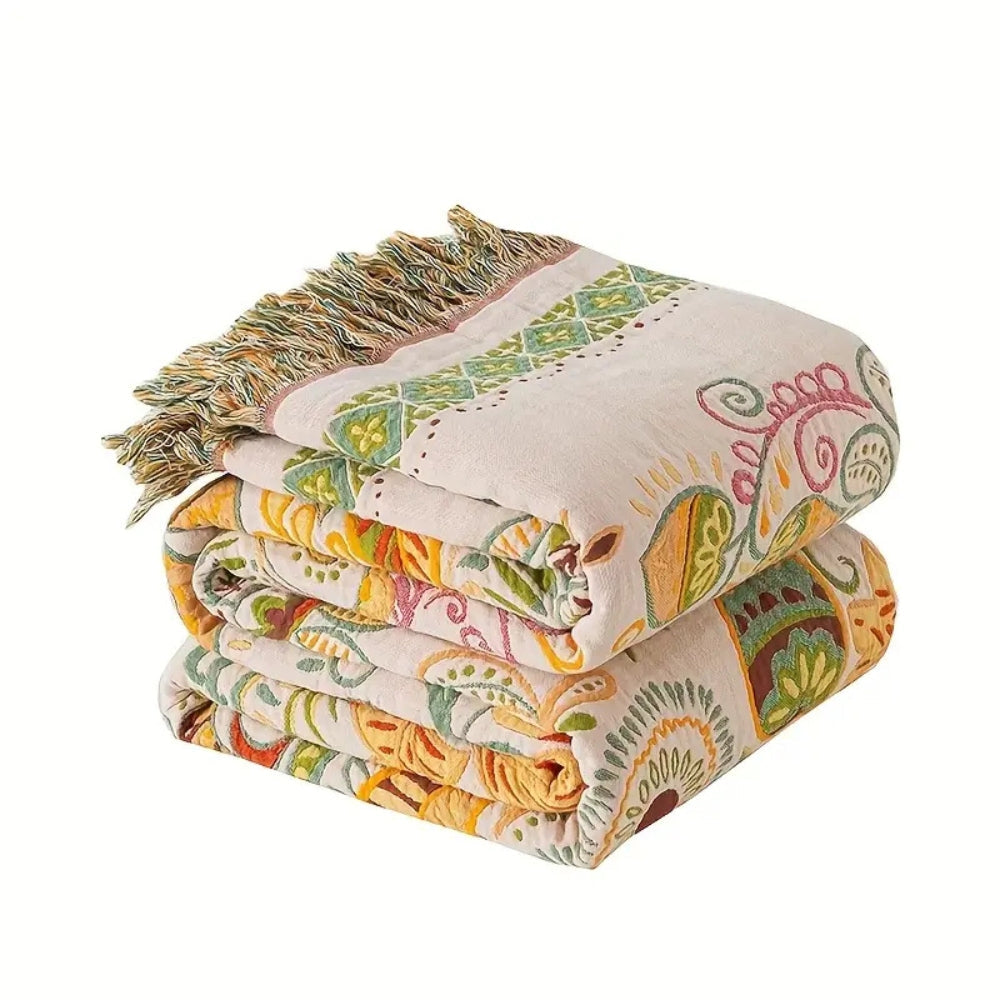Reversible Boho Blanket, Cotton Gauze, Floral Design, Lightweight with Tasselled Edges