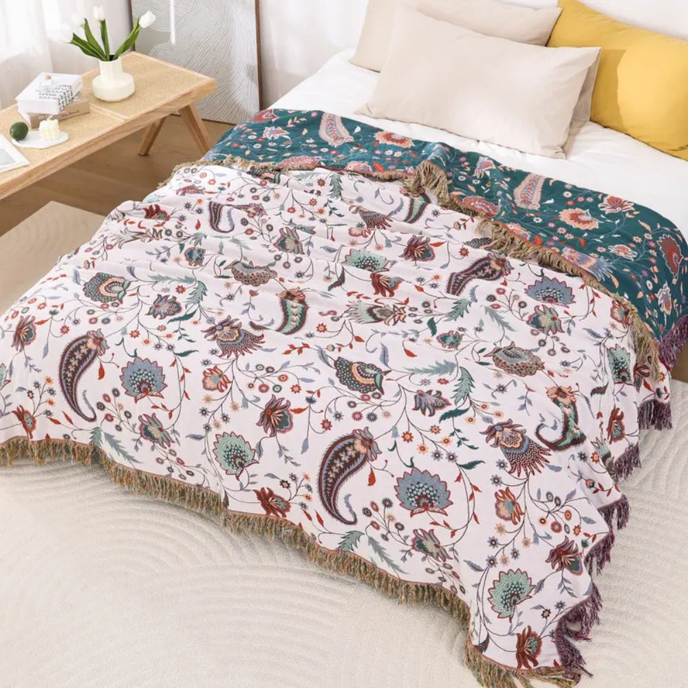 Reversible Cotton Blanket, Floral Design, 60 x 80 Inches, Soft, Machine Washable, Decorative Tassels