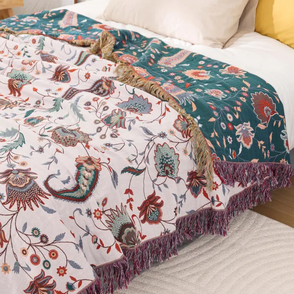 Reversible Cotton Blanket, Floral Design, 60 x 80 Inches, Soft, Machine Washable, Decorative Tassels