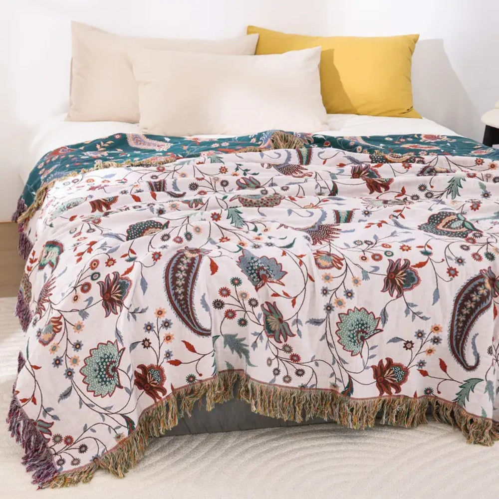 Reversible Cotton Blanket, Floral Design, 60 x 80 Inches, Soft, Machine Washable, Decorative Tassels