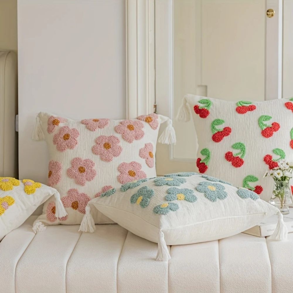 Rosy Bloom Tufted Cushion Cover