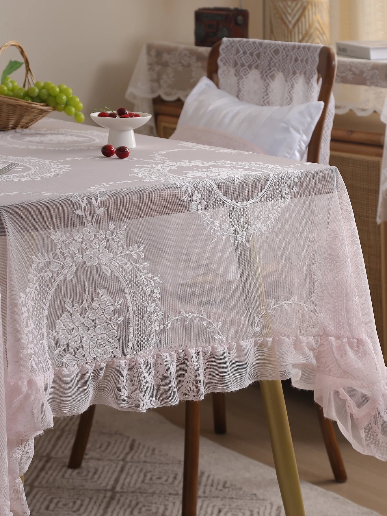 Rustic Pink Lace Tablecloth 60x84 for Dining, Living Room & Wedding Decor