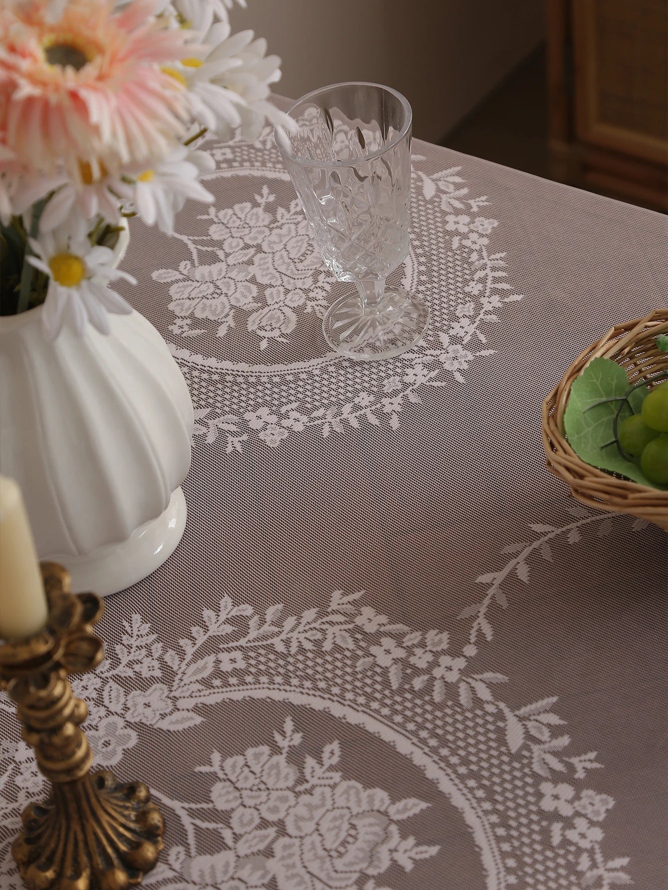 Rustic Pink Lace Tablecloth 60x84 for Dining, Living Room & Wedding Decor