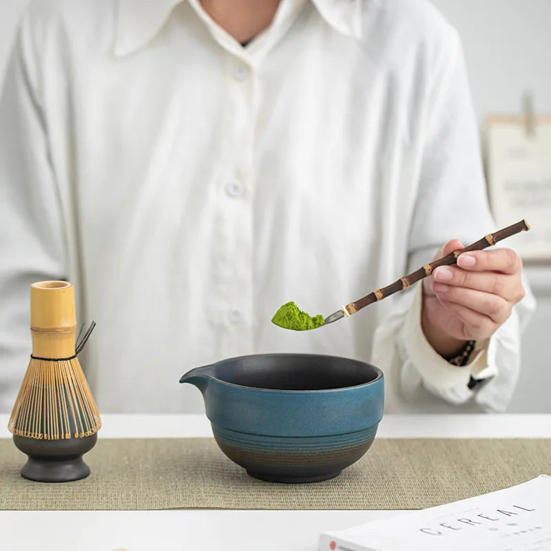 Japanese Ombre Matcha Bowl Set with Spout, Bamboo Whisk, and Scoop - Ceramic Tea Tools for Authentic Matcha Preparation