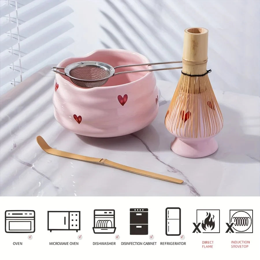Ceramic Matcha Set with Pink Heart Decals - Complete Matcha Bowl, Whisk, Holder, Bamboo Scoop, and Sifter