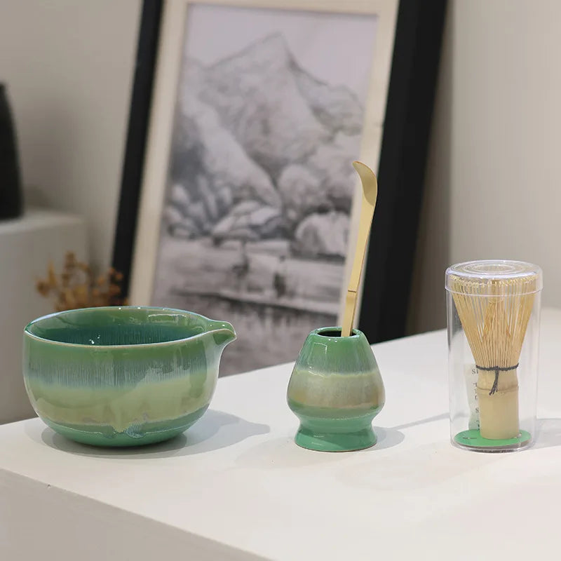 Glaze Gradient Matcha Tea Set – 4-Piece Ceramic Bowl with Bamboo Whisk and Scoop