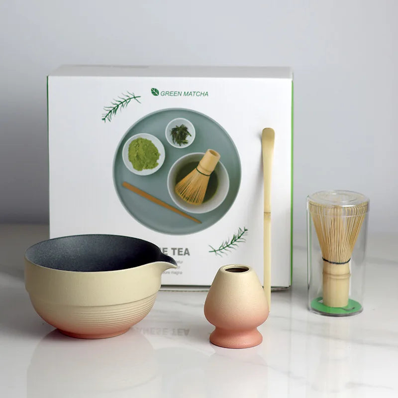 Japanese Ombre Matcha Bowl Set with Spout, Bamboo Whisk, and Scoop - Ceramic Tea Tools for Authentic Matcha Preparation