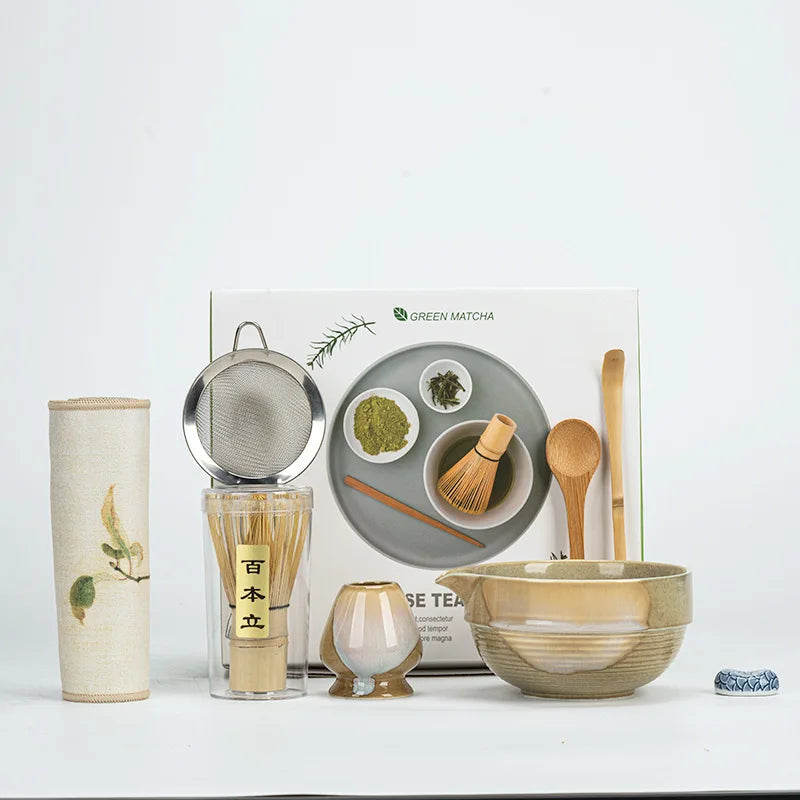 Vintage 7-Piece Matcha Set with Ceramic Bowl, Chasen Whisk, and Bamboo Scoop for Traditional Tea Ceremony