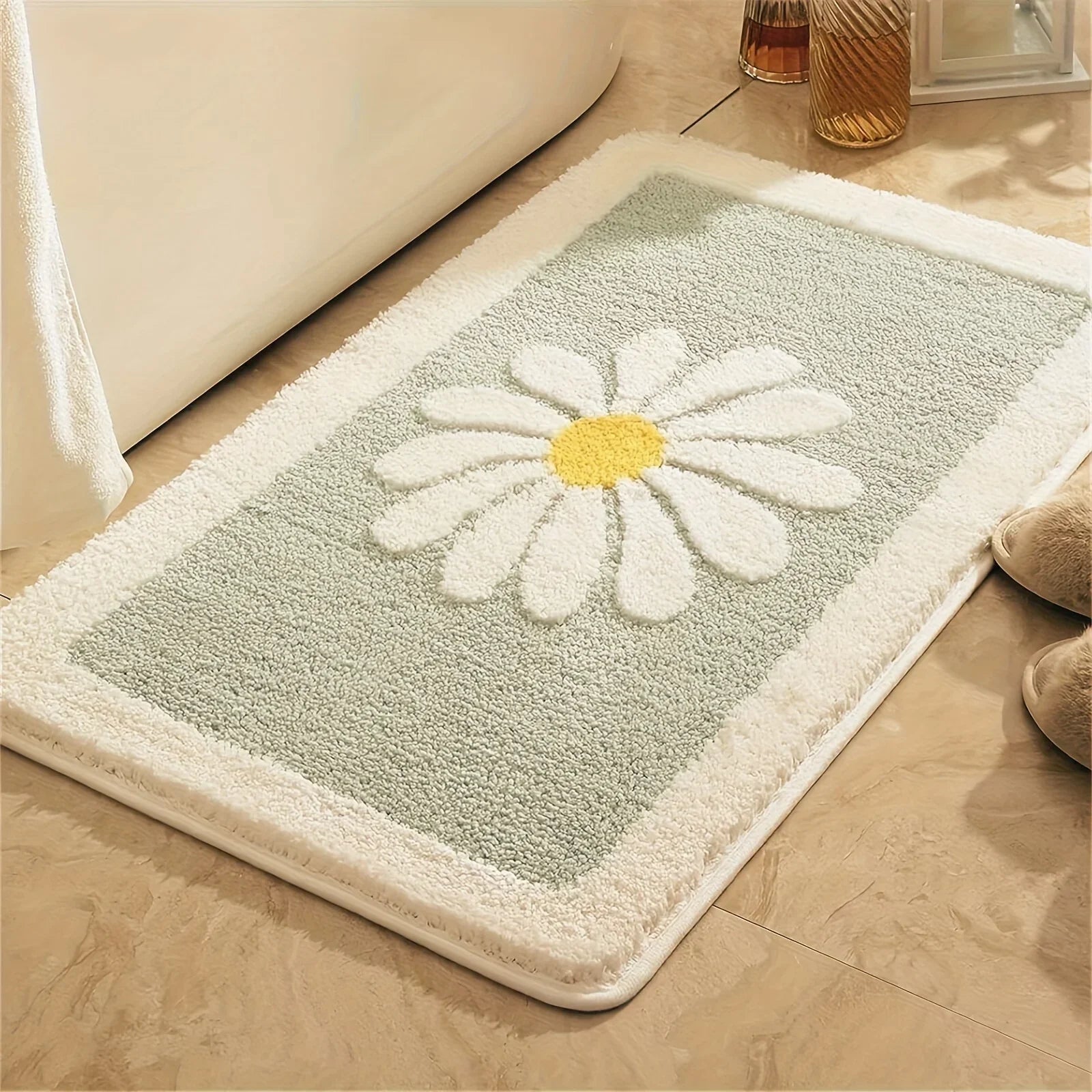 Soft Thick Daisy Flowers Bath Mat Set – Non-Slip Bathroom Rugs