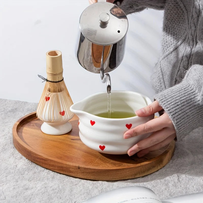 Heart-Shaped Japanese Matcha Bowl Set with Whisk – Authentic Tea Ceremony Tool for Matcha Preparation