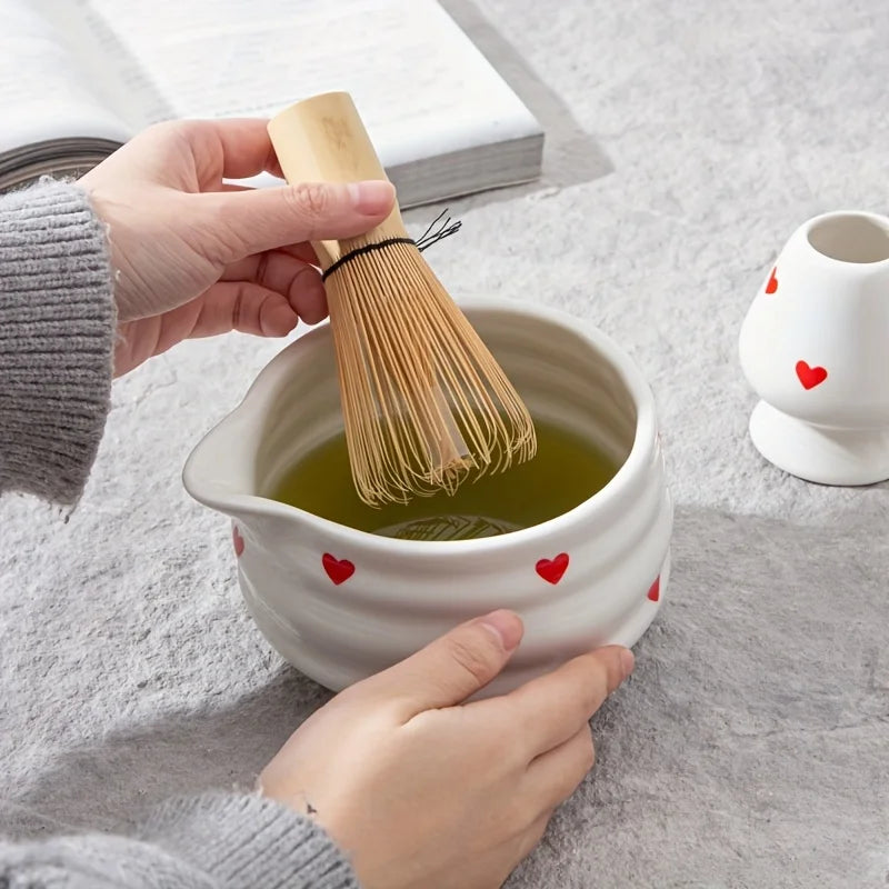Heart-Shaped Japanese Matcha Bowl Set with Whisk – Authentic Tea Ceremony Tool for Matcha Preparation