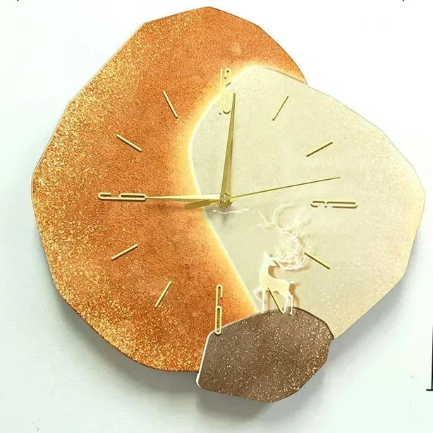 Modern LED wall clock with abstract stone design and golden deer, decorative timepiece for living room or office decor