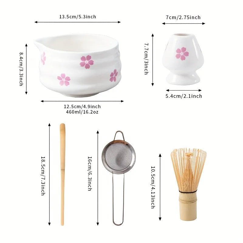 5-Piece Elegant Cherry Blossom Matcha Tea Set – Japanese Ceramic Bowl Set with Whisk for Perfect Matcha Preparation